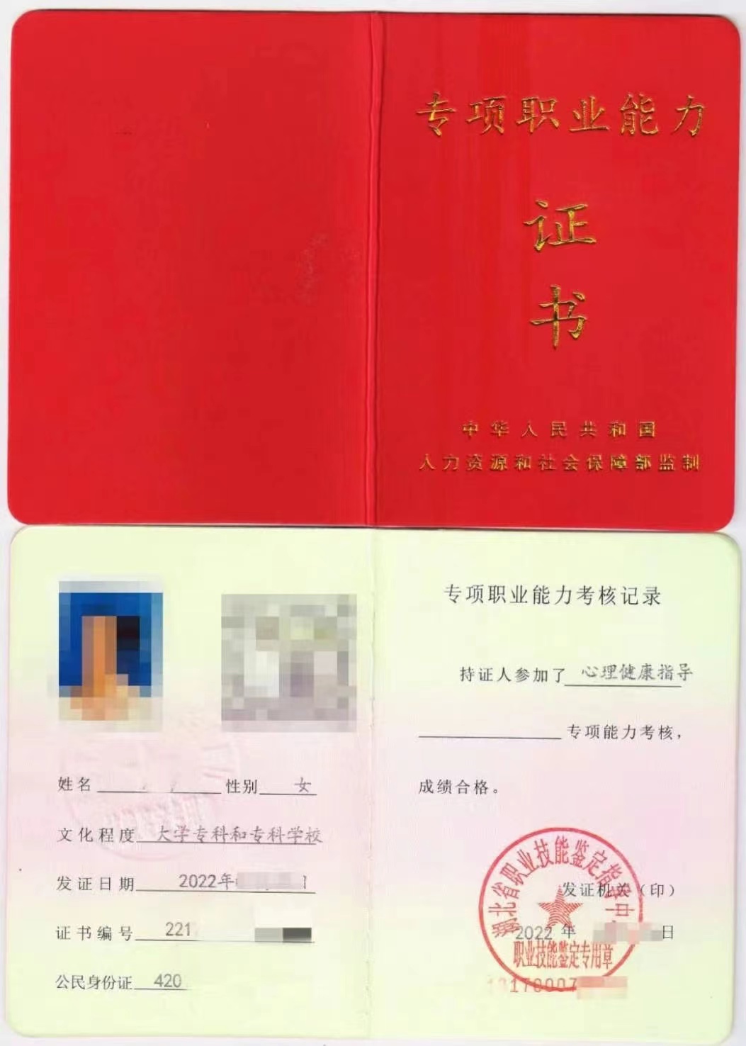 RS 专项职业能力证书 室内瓷砖铺贴证证书样本