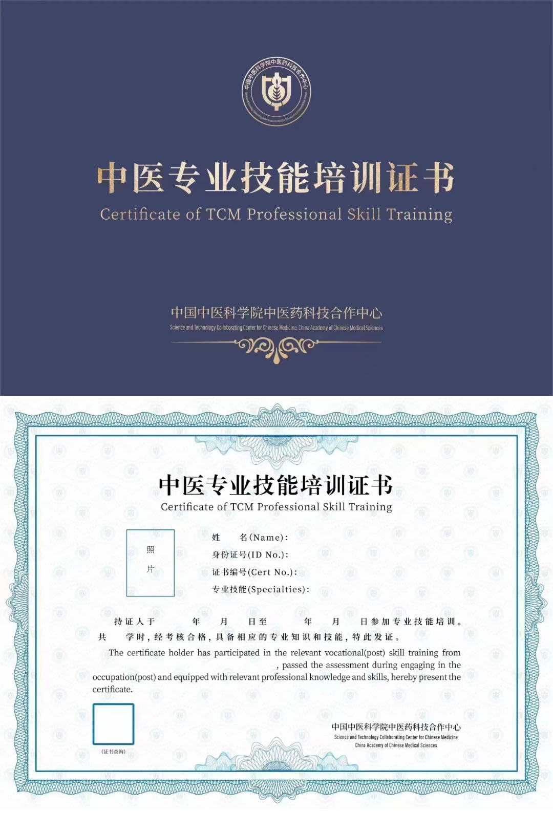 中国中医科学院中医药科技合作中心 中医专业技术培训证书 中医药熨、药浴师证证书样本
